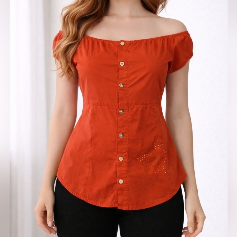 APPLE BOTTOMS Hip Hop Coral Button Down Off Shoulder Babydoll Blouse